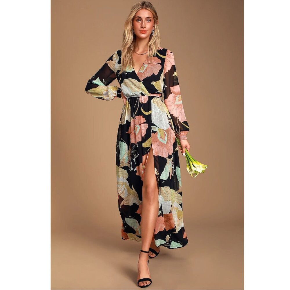 Lulus Wondrous Water Lilies Black Floral Print Maxi Dress Size Small Whimsigoth